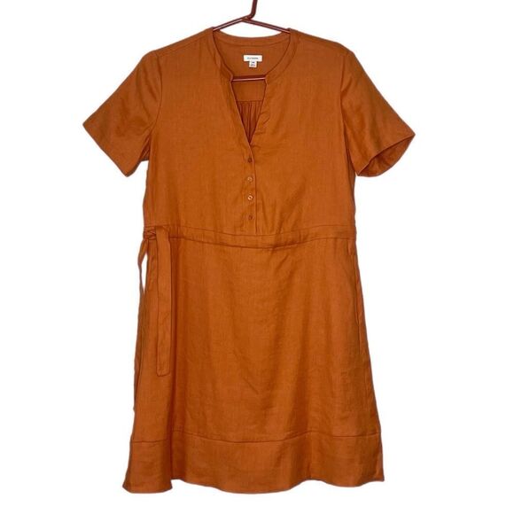 Cuyana Burnt Orange Linen Blend Short Sleeve V-Neck Shirt Dress - Picture 2 of 8